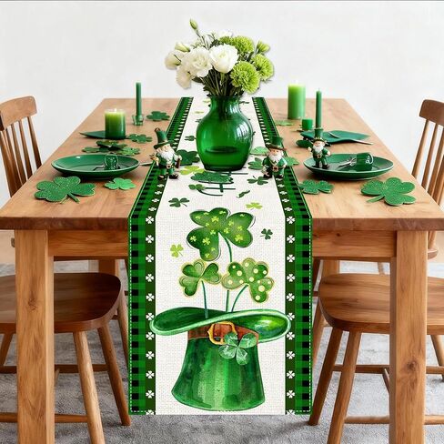 St Patricks Day Table Runner 72 Inches, St Patricks Shamrocks Green Hat Burlap Table Runner, Leprechaun Holiday Table Decor for Home Dining Room in Kuwait