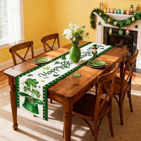 St Patricks Day Table Runner 72 Inches, St Patricks Shamrocks Green Hat Burlap Table Runner, Leprechaun Holiday Table Decor for Home Dining Room in Kuwait