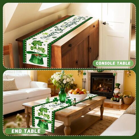 St Patricks Day Table Runner 72 Inches, St Patricks Shamrocks Green Hat Burlap Table Runner, Leprechaun Holiday Table Decor for Home Dining Room in Kuwait