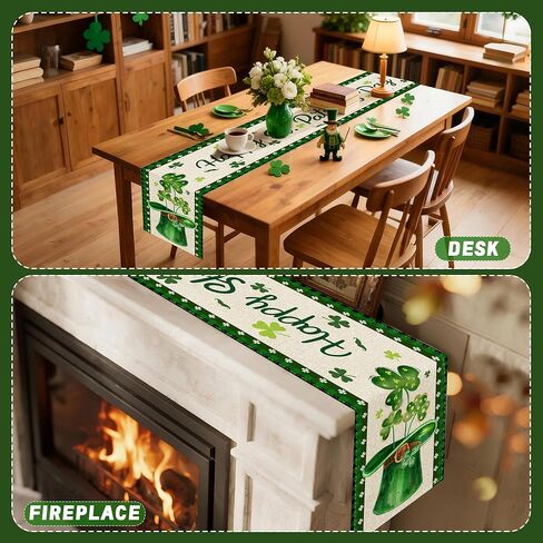 St Patricks Day Table Runner 72 Inches, St Patricks Shamrocks Green Hat Burlap Table Runner, Leprechaun Holiday Table Decor for Home Dining Room in Kuwait