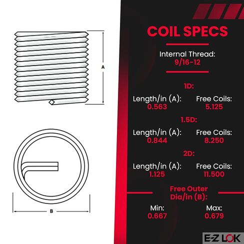 E-Z LOK Coil Threaded Insert for Metal 18-8 Stainless Steel Helical Wire Thread Insert 9/16-12 Internal Threads, 0.844" Length, Pack of 5 in Saudi Arabia