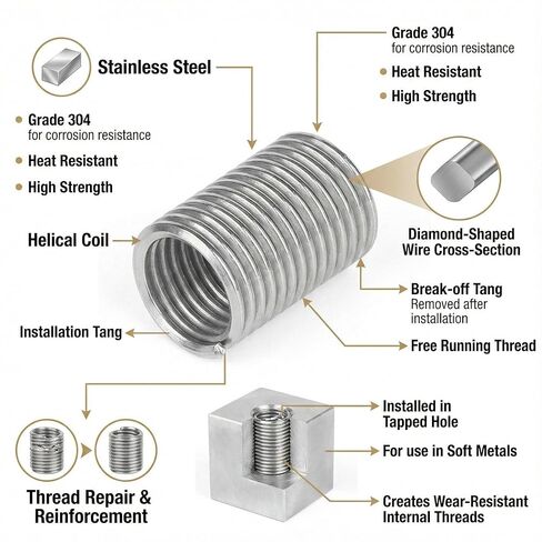 NACX #10-24 Helicoil Wire Inner Thread Inserts, 1.5D Coiled Wire Helical Screws, 304 Stainless Steel, 100Pcs in Saudi Arabia