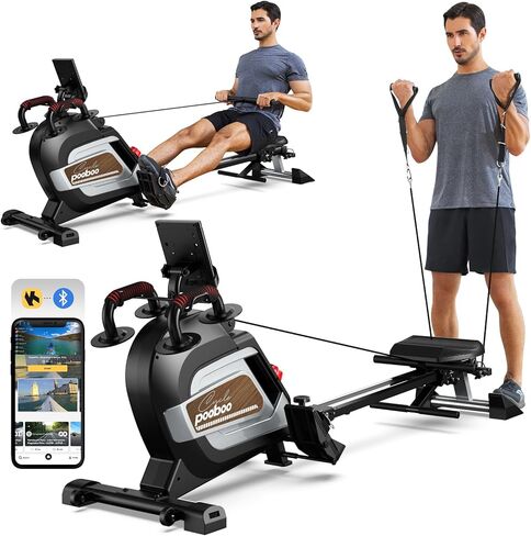 pooboo Rowing Machines for Home, Magnetic Rowing Machine with Adjustable Resistance, Folding Rower Machine of Quiet, 360lbs Weight Capacity, Comfortable Seat Cushion, LCD Monitor, App Support in Kuwait