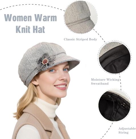 4 Pcs Womens Newsboy Cap Women Retro Classic Visor Newsboy Cabbie Cap Beret Hats with Flower Buckle for Woman Ladies Cabbie Fiddler dressie Newsboy Hats for Girls Gift Black in Kuwait