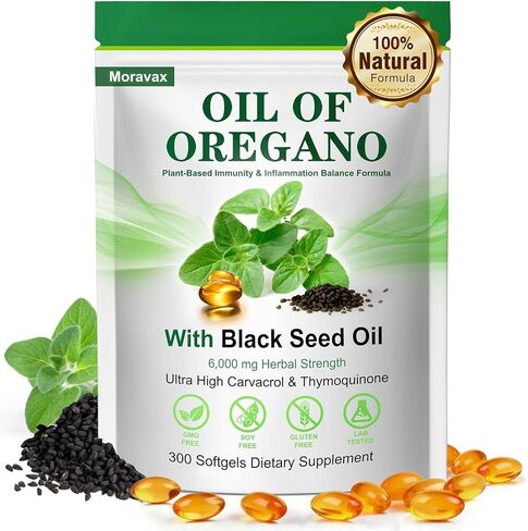 Oil of Oregano Softgels with Black Seed Oil 300 Softgels, 6000mg High Potency Oregano Oil Capsules with Organic Carvacrol & Thymoquinone, Immune & Digestive Support, Non-GMO, Gluten Free in Kuwait