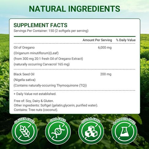 Oil of Oregano Softgels with Black Seed Oil 300 Softgels, 6000mg High Potency Oregano Oil Capsules with Organic Carvacrol & Thymoquinone, Immune & Digestive Support, Non-GMO, Gluten Free in Kuwait