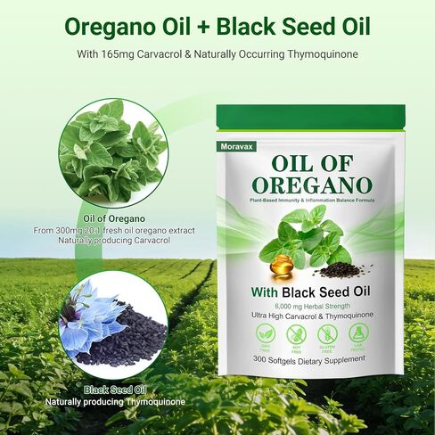 Oil of Oregano Softgels with Black Seed Oil 300 Softgels, 6000mg High Potency Oregano Oil Capsules with Organic Carvacrol & Thymoquinone, Immune & Digestive Support, Non-GMO, Gluten Free in Kuwait