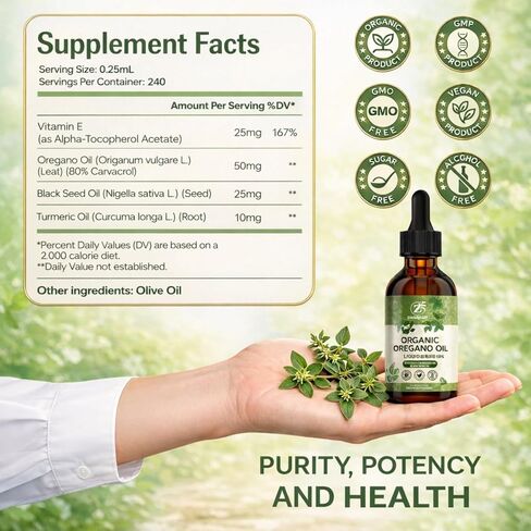Oregano Oil Organic Drops - 80% Carvacrol, Extra Strength & Undiluted - with Black Seed Oil, Turmeric & Vitamin E - Oil of Oregano Supplement for Immune and Digestive Support - Vegan, 2 Fl Oz in Saudi Arabia