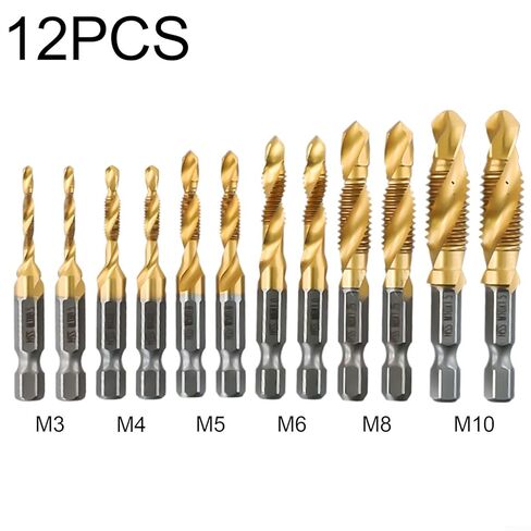 12pcs Drill Tap Combination Coated HSS, Titanium Plated Hex Shank HSS Screw Thread Metric Tap Drill Compound Tap in Saudi Arabia