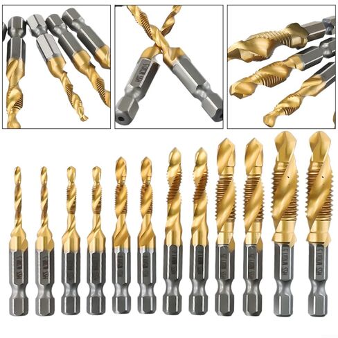 12pcs Drill Tap Combination Coated HSS, Titanium Plated Hex Shank HSS Screw Thread Metric Tap Drill Compound Tap in Saudi Arabia