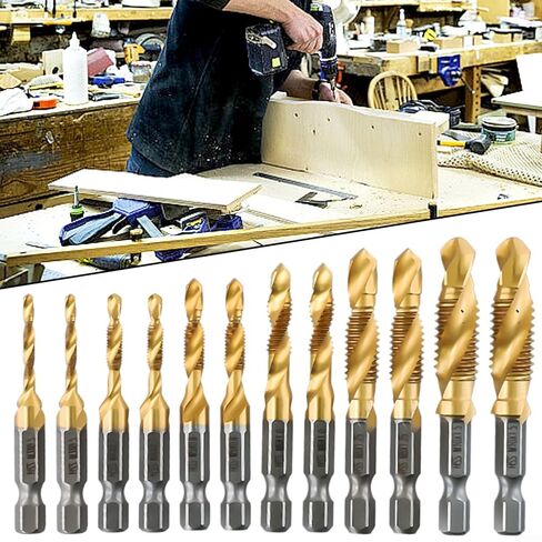 12pcs Drill Tap Combination Coated HSS, Titanium Plated Hex Shank HSS Screw Thread Metric Tap Drill Compound Tap in Saudi Arabia
