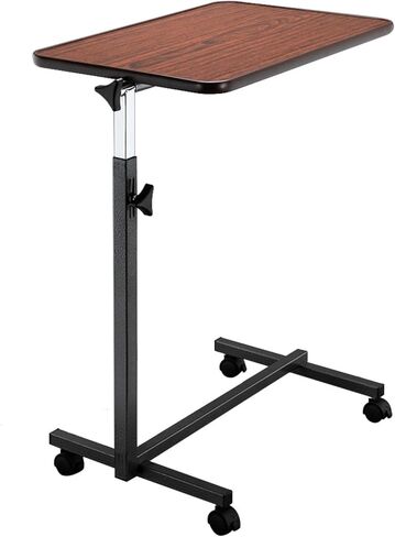 Tiltable Bedside Table, Adjustable Height Mobile Standing Desk, Hospital Tray Table Equipped with 360 ° Rotating Casters, Suitable for Hospital and Home Use, Dark Wood Grain in Saudi Arabia