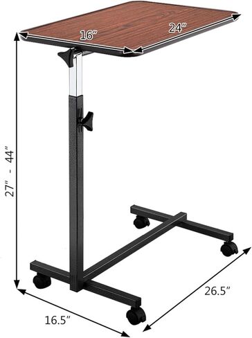Tiltable Bedside Table, Adjustable Height Mobile Standing Desk, Hospital Tray Table Equipped with 360 ° Rotating Casters, Suitable for Hospital and Home Use, Dark Wood Grain in Saudi Arabia