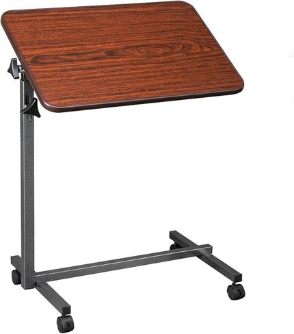 Tiltable Bedside Table, Adjustable Height Mobile Standing Desk, Hospital Tray Table Equipped with 360 ° Rotating Casters, Suitable for Hospital and Home Use, Dark Wood Grain in Saudi Arabia