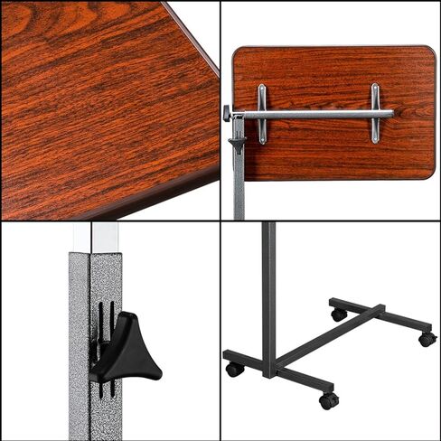 Tiltable Bedside Table, Adjustable Height Mobile Standing Desk, Hospital Tray Table Equipped with 360 ° Rotating Casters, Suitable for Hospital and Home Use, Dark Wood Grain in Saudi Arabia