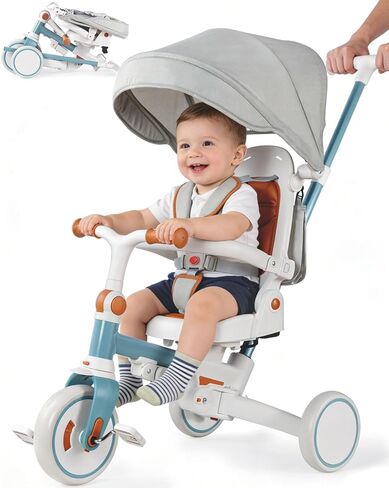 دراجة ثلاثية العجلات 7 في 1 للأطفال الصغار من عمر 1 إلى 3 سنوات، عربة أطفال قابلة للطي مع مقبض دفع توجيه، هدية للأولاد والبنات من سن 12 شهرًا إلى 6 سنوات - أزرق in Kuwait