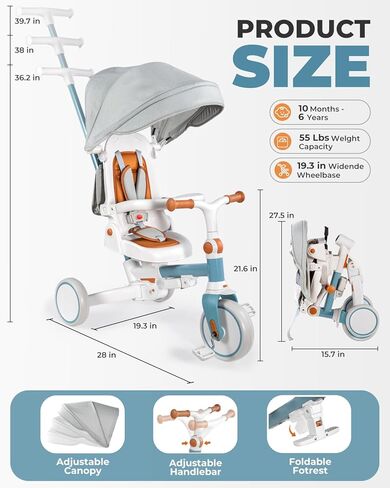 دراجة ثلاثية العجلات 7 في 1 للأطفال الصغار من عمر 1 إلى 3 سنوات، عربة أطفال قابلة للطي مع مقبض دفع توجيه، هدية للأولاد والبنات من سن 12 شهرًا إلى 6 سنوات - أزرق in Kuwait