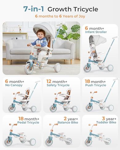 دراجة ثلاثية العجلات 7 في 1 للأطفال الصغار من عمر 1 إلى 3 سنوات، عربة أطفال قابلة للطي مع مقبض دفع توجيه، هدية للأولاد والبنات من سن 12 شهرًا إلى 6 سنوات - أزرق in Kuwait
