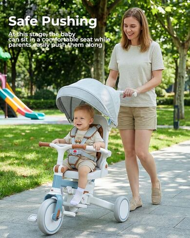 دراجة ثلاثية العجلات 7 في 1 للأطفال الصغار من عمر 1 إلى 3 سنوات، عربة أطفال قابلة للطي مع مقبض دفع توجيه، هدية للأولاد والبنات من سن 12 شهرًا إلى 6 سنوات - أزرق in Kuwait