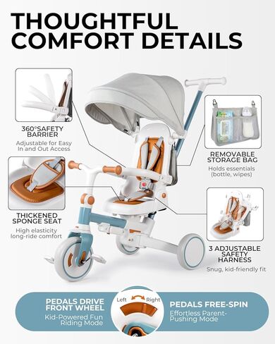 دراجة ثلاثية العجلات 7 في 1 للأطفال الصغار من عمر 1 إلى 3 سنوات، عربة أطفال قابلة للطي مع مقبض دفع توجيه، هدية للأولاد والبنات من سن 12 شهرًا إلى 6 سنوات - أزرق in Kuwait