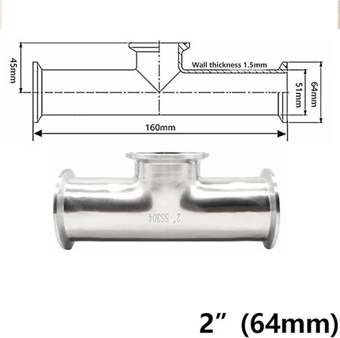 1.5 بوصة (TC50.5mm) و2 بوصة (TC64mm) أنبوب تي قصير مسطح للطعام SS304/316L من الفولاذ المقاوم للصدأ (2 بوصة، SS304) in Kuwait