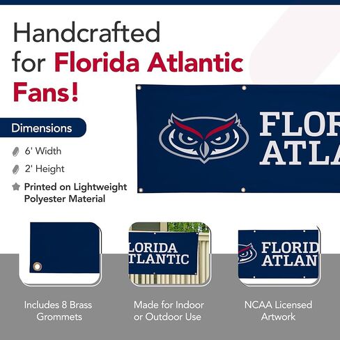 Florida Atlantic Owls College Sports Printed Polyester Banner - NCAA Licensed - Hanging Graduation Decoration - School Banner (Navy Blue, White) (2' x 6') in Saudi Arabia