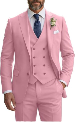Mens Suit Slim Fit 3 Piece Double Breasted Vest Suit Blazer Vest and Pants in Kuwait