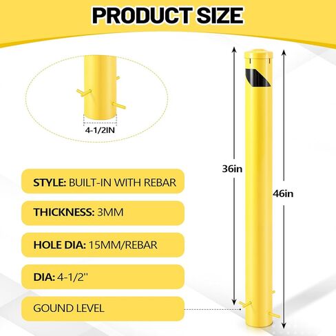 قطعة واحدة من Blulu عمود حاجز أمان للصب في مكانه، 46 بوصة، حاجز فولاذي شديد التحمل 4-1/2 بوصة OD مع غطاء قابل للإزالة، موقف سيارات مطلي بمسحوق أصفر وحاجز مروري in Kuwait