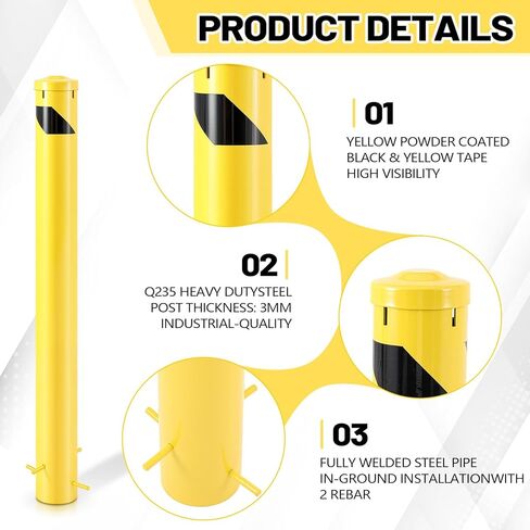 قطعة واحدة من Blulu عمود حاجز أمان للصب في مكانه، 46 بوصة، حاجز فولاذي شديد التحمل 4-1/2 بوصة OD مع غطاء قابل للإزالة، موقف سيارات مطلي بمسحوق أصفر وحاجز مروري in Kuwait