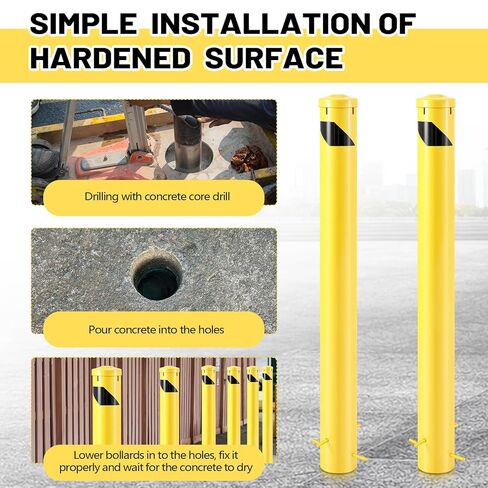 قطعة واحدة من Blulu عمود حاجز أمان للصب في مكانه، 46 بوصة، حاجز فولاذي شديد التحمل 4-1/2 بوصة OD مع غطاء قابل للإزالة، موقف سيارات مطلي بمسحوق أصفر وحاجز مروري in Kuwait