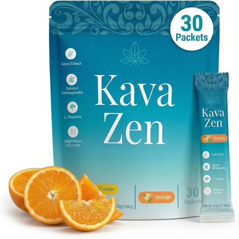 Kava Zen Powdered Calming Drink Mix | Kava Extract, L-Theanine, Ashwagandha, Magnesium Glycinate | Relaxation, Calm, Sleep Aid, Cortisol Reducer & Stress Relief | No Sugar, Non-GMO | 30 Stick Packs in Saudi Arabia
