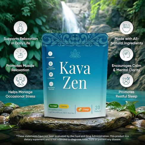 Kava Zen Powdered Calming Drink Mix | Kava Extract, L-Theanine, Ashwagandha, Magnesium Glycinate | Relaxation, Calm, Sleep Aid, Cortisol Reducer & Stress Relief | No Sugar, Non-GMO | 30 Stick Packs in Saudi Arabia