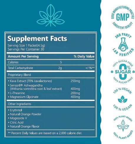 Kava Zen Powdered Calming Drink Mix | Kava Extract, L-Theanine, Ashwagandha, Magnesium Glycinate | Relaxation, Calm, Sleep Aid, Cortisol Reducer & Stress Relief | No Sugar, Non-GMO | 30 Stick Packs in Saudi Arabia