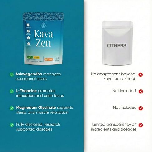 Kava Zen Powdered Calming Drink Mix | Kava Extract, L-Theanine, Ashwagandha, Magnesium Glycinate | Relaxation, Calm, Sleep Aid, Cortisol Reducer & Stress Relief | No Sugar, Non-GMO | 30 Stick Packs in Saudi Arabia