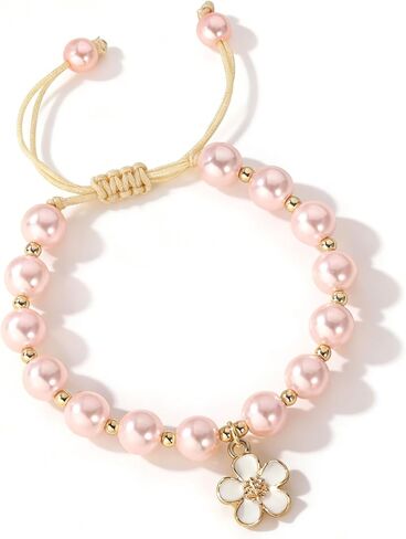 Flower Pearl Bracelet for Girls,Dainty Pearl Charm Bracelet for Flower Girl, First Day of School Birthday Jewelry Gift in Saudi Arabia