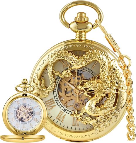 Men's Mechanical Holoow Design Hand Wind Pocket Watch Roman Numerals Steampunk with Chain Box in Kuwait