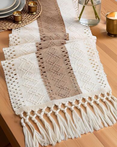 Pureegg Farmhouse Boho Table Runner - 72 Inches, Linen-Textured Woven Tassel Design for Dining Table Decor, Kitchen, Coffee Table & Living Room, 12 x 72 Inch, Brown in Kuwait