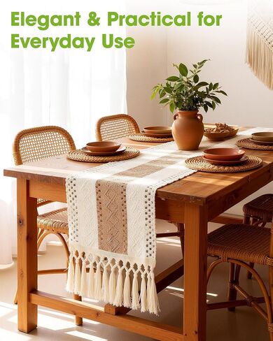 Pureegg Farmhouse Boho Table Runner - 72 Inches, Linen-Textured Woven Tassel Design for Dining Table Decor, Kitchen, Coffee Table & Living Room, 12 x 72 Inch, Brown in Kuwait