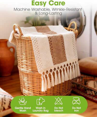 Pureegg Farmhouse Boho Table Runner - 72 Inches, Linen-Textured Woven Tassel Design for Dining Table Decor, Kitchen, Coffee Table & Living Room, 12 x 72 Inch, Brown in Kuwait