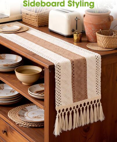 Pureegg Farmhouse Boho Table Runner - 72 Inches, Linen-Textured Woven Tassel Design for Dining Table Decor, Kitchen, Coffee Table & Living Room, 12 x 72 Inch, Brown in Kuwait