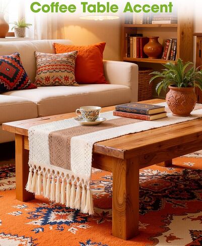 Pureegg Farmhouse Boho Table Runner - 72 Inches, Linen-Textured Woven Tassel Design for Dining Table Decor, Kitchen, Coffee Table & Living Room, 12 x 72 Inch, Brown in Kuwait