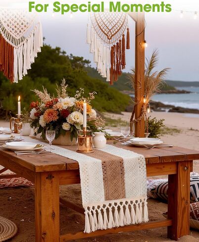 Pureegg Farmhouse Boho Table Runner - 72 Inches, Linen-Textured Woven Tassel Design for Dining Table Decor, Kitchen, Coffee Table & Living Room, 12 x 72 Inch, Brown in Kuwait