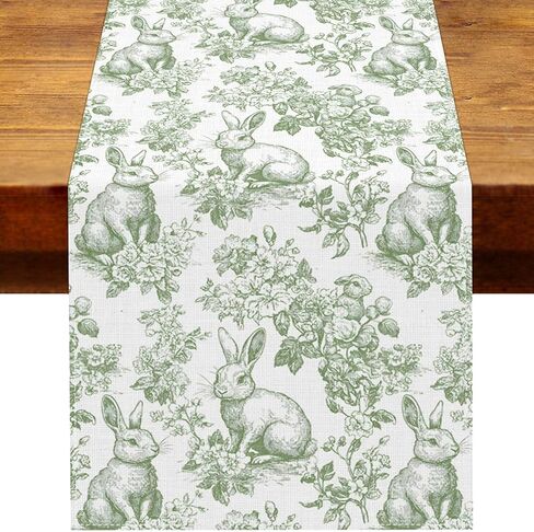 Chinoiserie Easter Table Runner Toile de Jouy Vintage Green and White Bunny Spring Party Decoration Home Kitchen Dining Room Table Decor (Green, 13" x 72") in Kuwait
