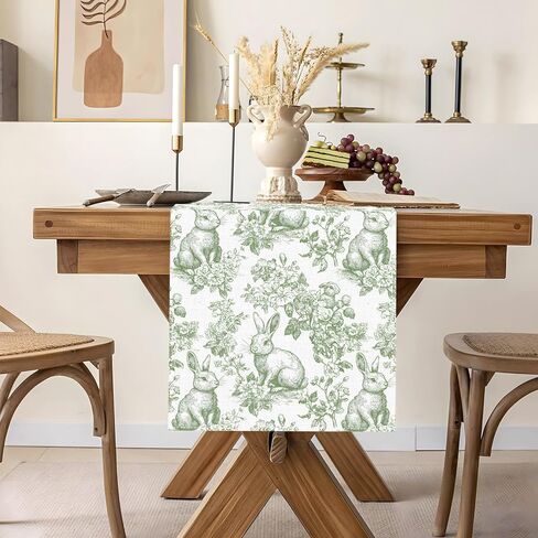 Chinoiserie Easter Table Runner Toile de Jouy Vintage Green and White Bunny Spring Party Decoration Home Kitchen Dining Room Table Decor (Green, 13" x 72") in Kuwait