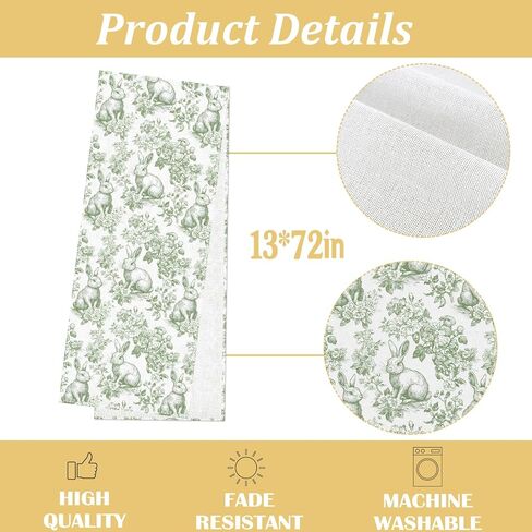 Chinoiserie Easter Table Runner Toile de Jouy Vintage Green and White Bunny Spring Party Decoration Home Kitchen Dining Room Table Decor (Green, 13" x 72") in Kuwait