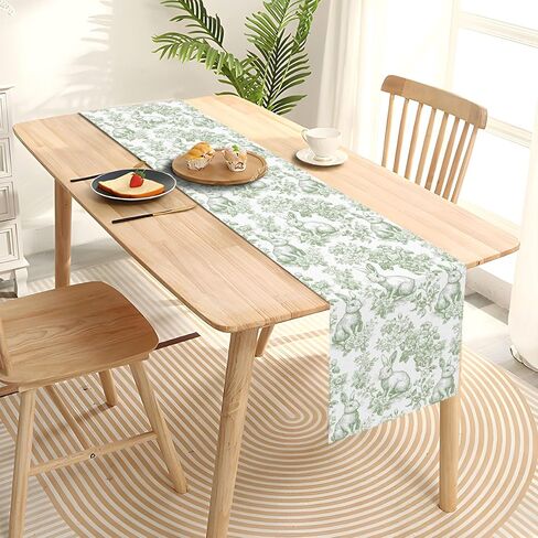 Chinoiserie Easter Table Runner Toile de Jouy Vintage Green and White Bunny Spring Party Decoration Home Kitchen Dining Room Table Decor (Green, 13" x 72") in Kuwait