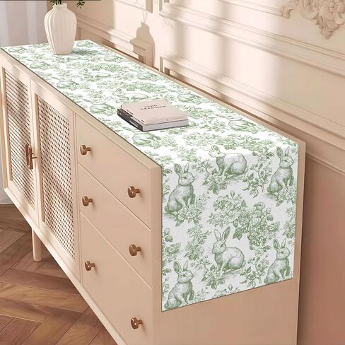 Chinoiserie Easter Table Runner Toile de Jouy Vintage Green and White Bunny Spring Party Decoration Home Kitchen Dining Room Table Decor (Green, 13" x 72") in Kuwait