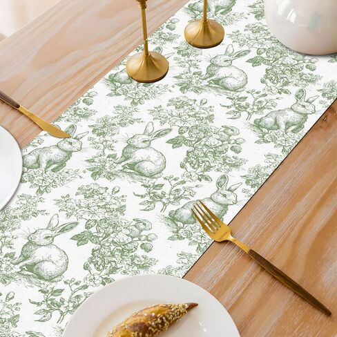 Chinoiserie Easter Table Runner Toile de Jouy Vintage Green and White Bunny Spring Party Decoration Home Kitchen Dining Room Table Decor (Green, 13" x 72") in Kuwait