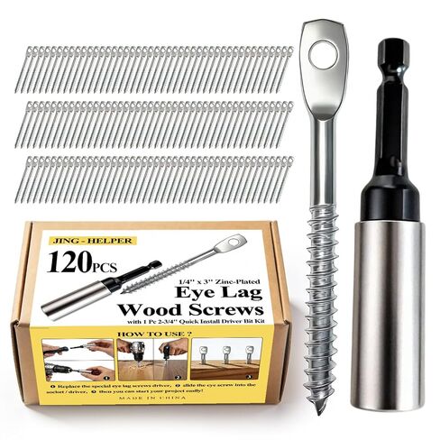 120 قطعة من البراغي الخشبية المطلية بالزنك مقاس 1/4 بوصة × 3 بوصة مع قطعة واحدة من مجموعة رؤوس السائق سريعة التثبيت مقاس 2-5/8 بوصة، ومراسي شديدة التحمل ومسامير العين لربط سلك الشماعة بروافد السقف للاستخدام الداخلي والخارجي in Kuwait