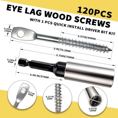 120 قطعة من البراغي الخشبية المطلية بالزنك مقاس 1/4 بوصة × 3 بوصة مع قطعة واحدة من مجموعة رؤوس السائق سريعة التثبيت مقاس 2-5/8 بوصة، ومراسي شديدة التحمل ومسامير العين لربط سلك الشماعة بروافد السقف للاستخدام الداخلي والخارجي in Kuwait